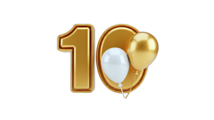 Golden Number 10 with Balloons for Celebration