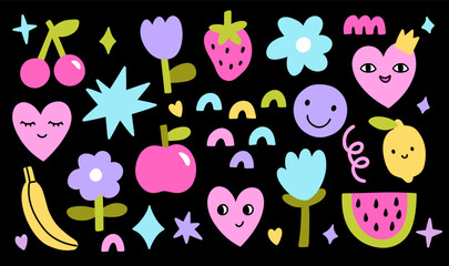 Cute set of neon children's doodles - colorful hearts, flowers, stars, fruits, design elements on a dark background. Vector hand-drawn flat illustration. Perfect for decorations, stickers, cards.