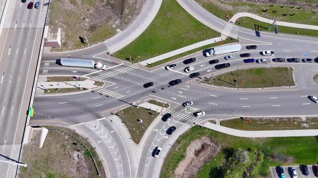 Top-down aerial view of diverging diamond interchange on I-75 and 14 mile rd, Madison Heights, Michigan, USA
