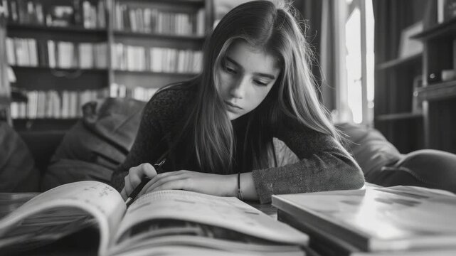 A focused young lady sitting at a table with books open. She is reading and taking notes by hand.