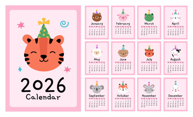 Cute children's calendar for 2026, week starts on Sunday.Vertical annual calendar template with cover and 12 month pages.Perfect for kids nursery, home decor.Kawaii design with animals in holiday hats