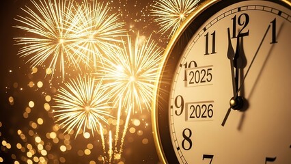 New Year s Eve Clock Countdown to 2026: Golden Fireworks Explode in Dark Sky, Celebrating Midnight Transition, Festive Anticipation, Holiday Celebration, Event Background, Digital Art