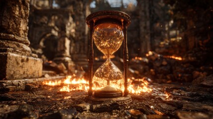 A detailed image of an hourglass filled with glowing particles, set against a crumbling ancient structure and flames