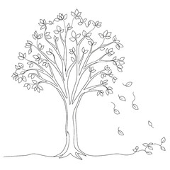 Elegant line art tree with falling leaves on transparent background