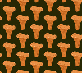 Seamless nature-themed pattern with chanterelles on a dark background. Vector hand-drawn illustration in a flat style. Ideal for wallpaper, wrapping paper, textiles. Botanical print with mushrooms.