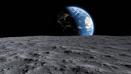 Earth rising over the lunar surface, a celestial view from outer space