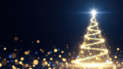 Sparkling Christmas tree with golden bokeh lights on a dark blue background, evoking a magical holiday atmosphere and festive spirit, perfect for seasonal greetings and celebrations