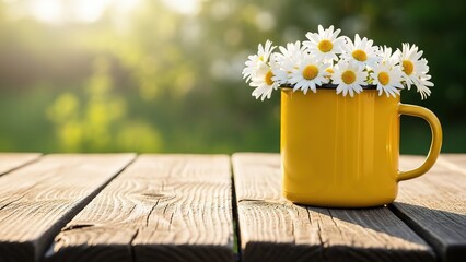 Vibrant yellow mug overflowing with fresh white daisies, sitting on a rustic wooden table bathed in soft golden sunlight, evoking feelings of summer tranquility and natural simplicity