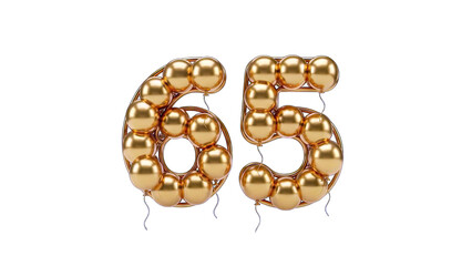 Golden Balloons Forming Number 65 on White Background