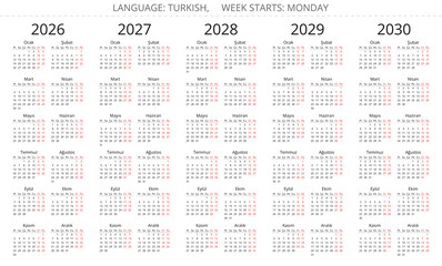 2026, 2027, 2028, 2029, 2030 year turkish simple calendars. Vector illustration Turkey - turk takvimi