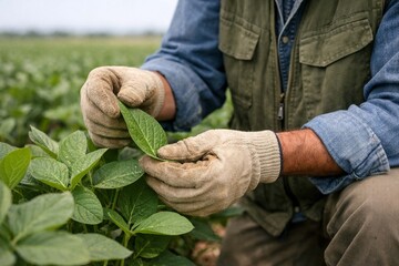 Farmer examining green plants in agricultural field. Concept of farming, crop health, sustainable agriculture, and food production.