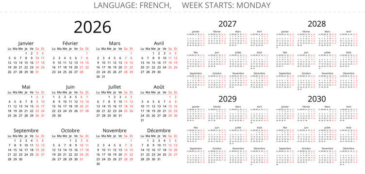 2026 and 2027, 2028, 2029, 2030 french simple calendars isolated on white. Vector illustration France
