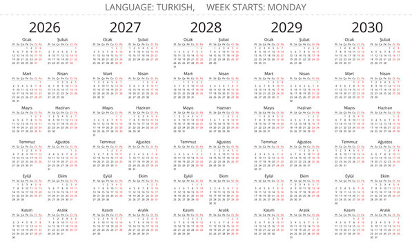 2026, 2027, 2028, 2029, 2030 year turkish simple calendars. Vector illustration Turkey - turk takvimi
