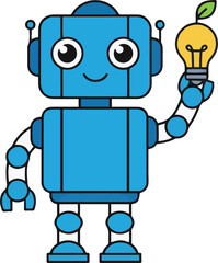 Vector cartoon illustration of a cute, friendly blue robot holding a yellow lightbulb with a green leaf, symbolizing eco-friendly ideas and sustainable innovation.