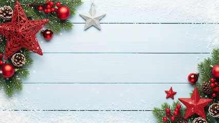Festive Christmas border: fir branches, red ornaments, pine cones, snow, light blue wood background - Holiday design, winter card, banner, invitation, graphic element