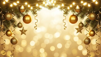 Radiant golden holiday background with shimmering string lights, elegant decorative ornaments, and a festive bokeh effect, creating a warm and inviting ambiance for joyful seasonal celebrations