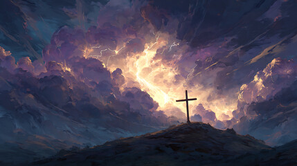 Cross on a hill with lightning striking through dramatic stormy clouds