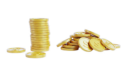 Gold Coins Stacked and Scattered on White Background