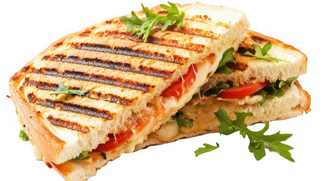 Delicious Grilled Panini Sandwich with Melted Cheese and Tomato Isolated on White