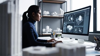 Female architect designing modern building plans on computer screen. Professional engineering workflow scene suitable for construction, technology, and business projects. - Powered by Adobe