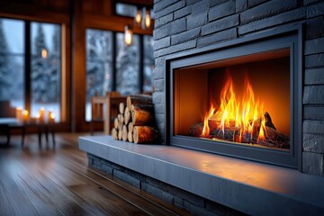 Cozy living room interior with a warm glowing fireplace.