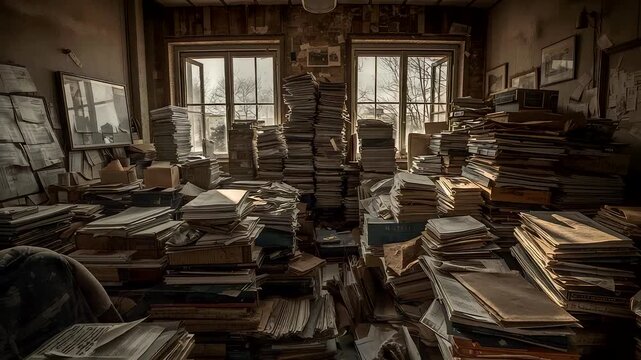 Abandoned archive room filled with towering stacks of old documents and papers lit by window light creating a sense of history and forgotten knowledge
