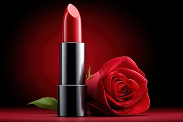 Red lipstick and a fresh red rose on a black background.