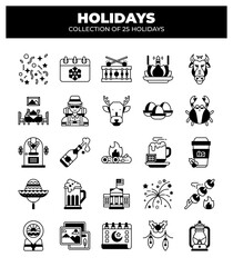 Collection of 25 Holidays. Festive Icons for Seasonal Celebrations