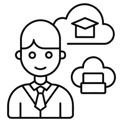 A smiling man in shirt and tie with thought bubbles about education and data