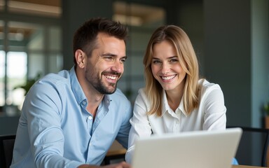 Fototapeta premium Two middle age business workers smiling happy and confident. Working together with smile on face using laptop at the office. High quality