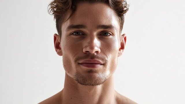 Close-up video of a male model with clean complexion and calm expression. Men grooming concept.