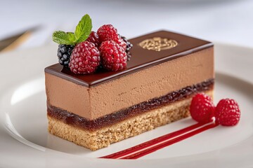 Slice of chocolate mousse cake with a raspberry layer.