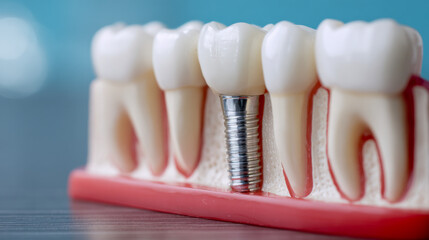 Model of dental implant demonstrating the structure and placement of artificial tooth roots embedded in jawbone alongside natural teeth for oral restoration concepts