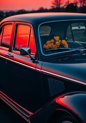 Vintage auto with sunset reflection featuring a bouquet of yellow roses