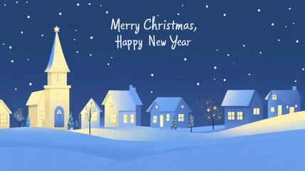 Serene snow covered village at night with glowing windows and a church under a starry sky with falling snow