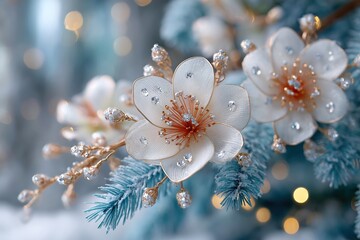 Icy blue and white winter flower blossom with glitter.