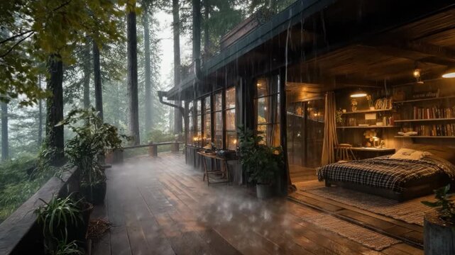 Cozy Forest Cabin Terrace During Heavy Rain 4K
