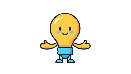 Cute Yellow Lightbulb Character Standing with Open Arms and Happy Expression on an Isolated White Background