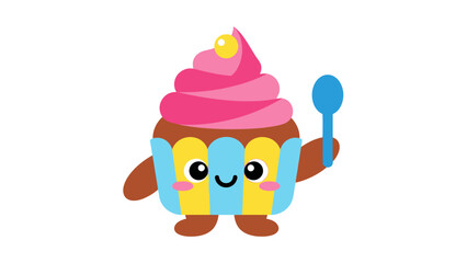 Sweet Cartoon Cupcake Character with Spoon, Isolated White Background