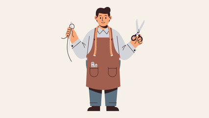 Skilled Male Tailor Holding Scissors and Thread in Bright Studio