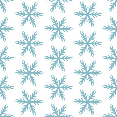 Seamless pattern with flat blue large sharp six-pointed snowflakes, symmetrical. Minimalist winter design for wrapping paper, Christmas gifts, seasonal textile prints, or festive digital backgrounds