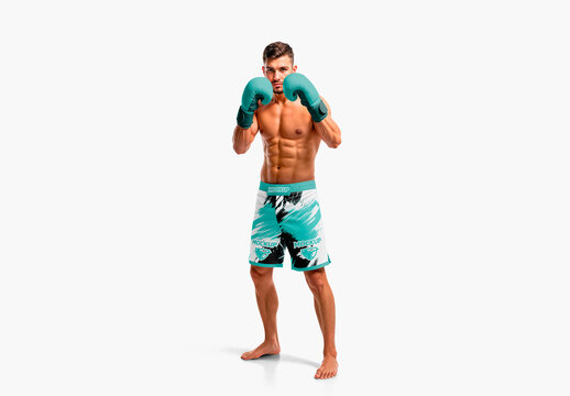 Muscular Male Fighter In Boxing Position Mockup