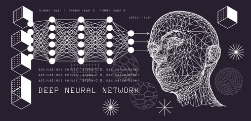 Vector illustration in a futuristic geometric style showing a polygonal wireframe human head profile connected to a deep neural network with layered nodes.