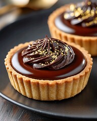Two gourmet chocolate tarts decorated with gold flakes.