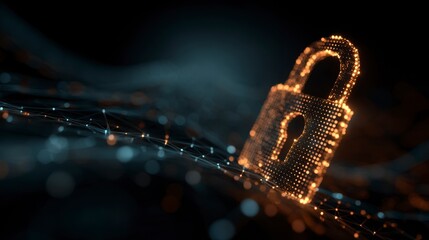 A digital padlock, illuminated with orange light, floats above a dark network of lines and dots, suggesting data security
