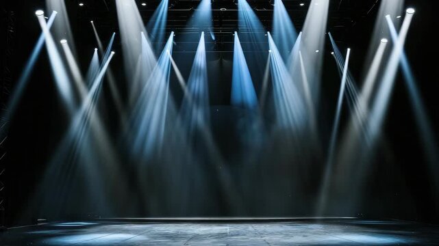 Theater stage with blue spotlight beams, dramatic ambiance for a performance or concert.