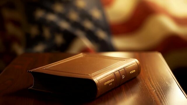 Leather bound holy book resting on wooden table with soft warm light and national flag creating a solemn faith tradition and heritage scene