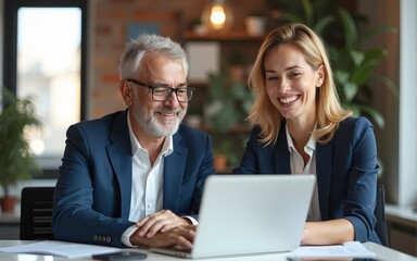 Fototapeta premium Two middle age business workers smiling happy and confident. Working together with smile on face using laptop at the office. High quality