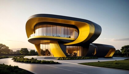 Striking futuristic building with sleek black and gold curves surrounded by lush green grass under a bright sky