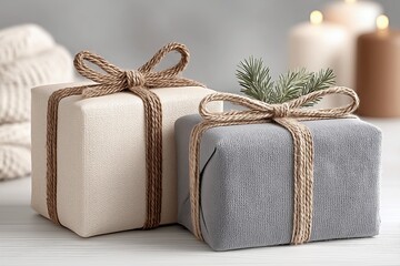 Two rustic christmas gifts wrapped in natural fabric.